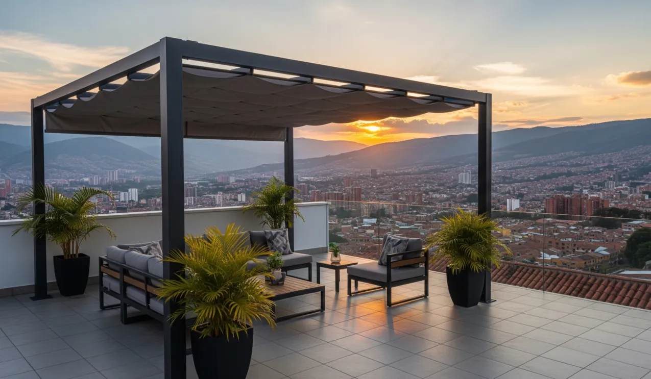 Diseños de Pérgola moderna en Medellín, con vista panorámica de la ciudad, ideal para disfrutar del atardecer en la terraza
